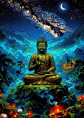 Meditating Buddha Under Starry Night Sky