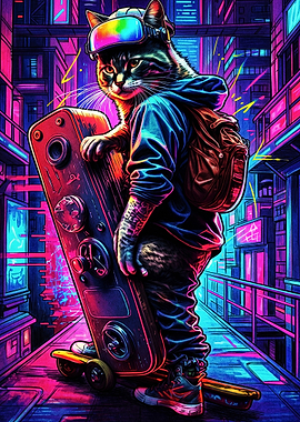 Cyberpunk Cat Skater in Neon City