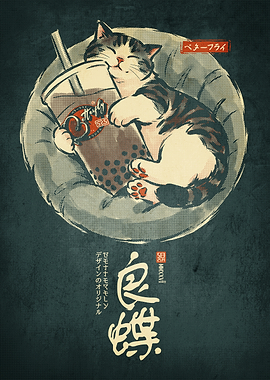 Cute Cat Hugging Bubble Tea