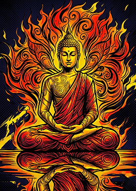 Meditating Buddha Surrounded by Fiery Aura