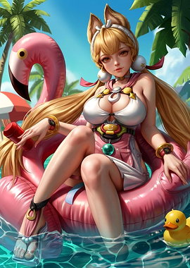 Anime Girl on Flamingo Pool Float