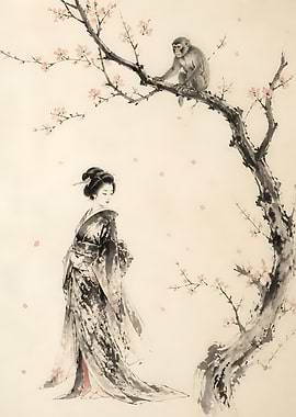 Geisha and Monkey Under Cherry Blossoms