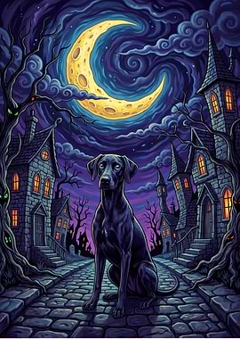Black Dog in Spooky Night Town