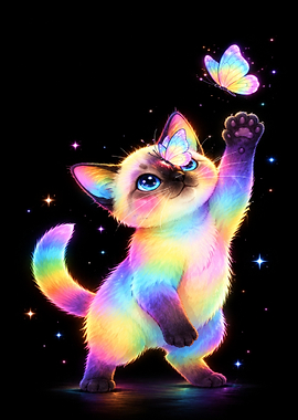 Rainbow Kitten Playing with Butterflies