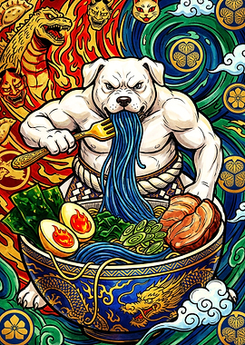 Muscular Dog Eating Ramen Illustration