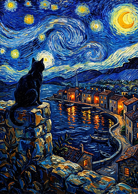 Black Cat Watching Starry Night