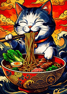 Cute Cat Eating Ramen Noodles
