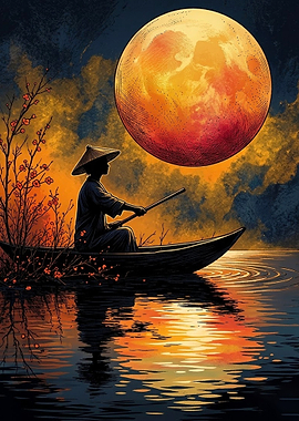 Lone Boatman Under Giant Moon