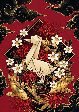 Origami Crane and Koi Fish Illustration