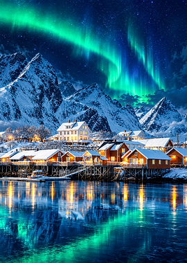 Northern Lights Over Snowy Norwegian Village