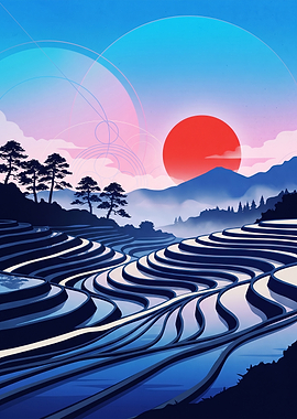 Stylized Japanese Rice Terrace Landscape