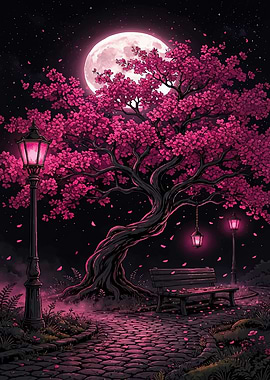 Pink Cherry Blossom Night Park