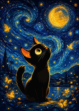 Black Cat Under Starry Night Sky
