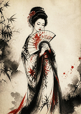 Elegant Geisha with Fan Ink Wash