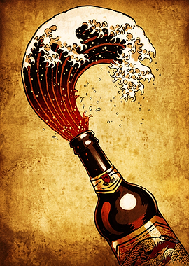 Great Wave Beer Bottle Illustration
