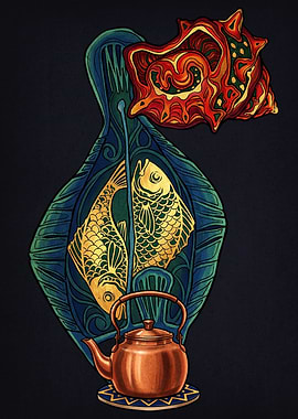 Artistic Still Life with Fish and Teapot
