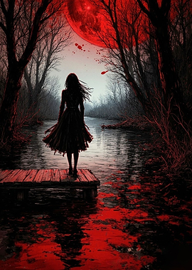 Woman Standing on Pier Under Blood Moon