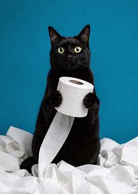 Black Cat Holding Toilet Paper
