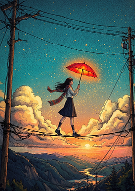 Girl Walking on Power Lines