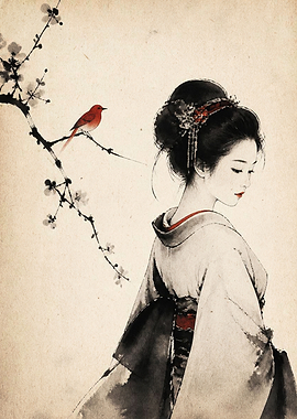 Geisha with Bird and Plum Blossom