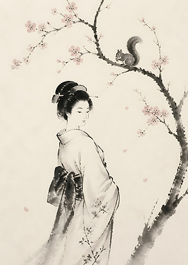 Geisha and Squirrel Under Cherry Blossoms