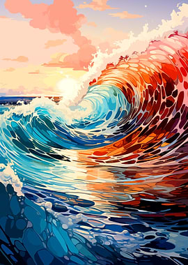 Vibrant Sunset Ocean Wave Illustration