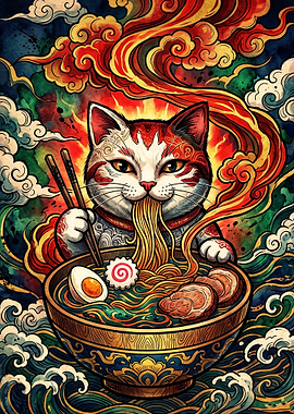 Cat Eating Ramen Japanese Art