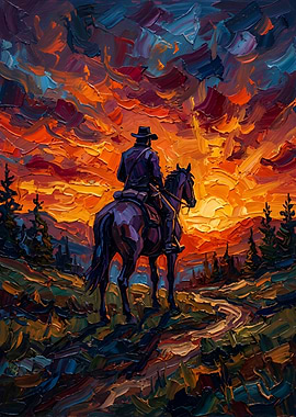 Lone Cowboy Riding Into Sunset