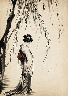 Geisha Standing Under Willow Tree