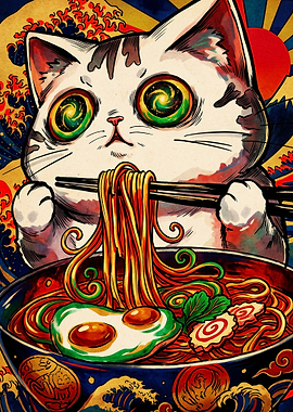 Cat Eating Ramen Japanese Art