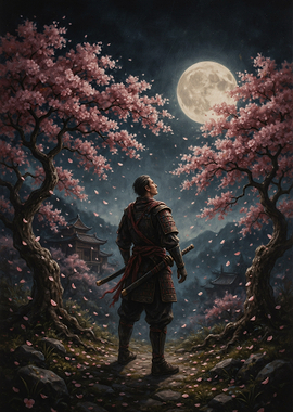 Samurai Under Moonlight and Cherry Blossoms
