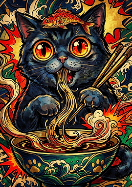 Black Cat Eating Ramen Illustration
