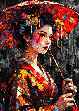 Impressionist Geisha with Red Umbrella