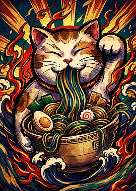 Lucky Cat Eating Ramen Illustration