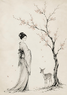 Geisha and Deer Under Cherry Tree