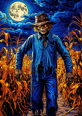 Scary Scarecrow in Cornfield at Night