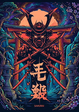 Neon Samurai Warrior Torii Gate Art