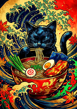 Black Cat Eating Ramen Ukiyo-e Style