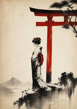 Geisha Standing by Torii Gate