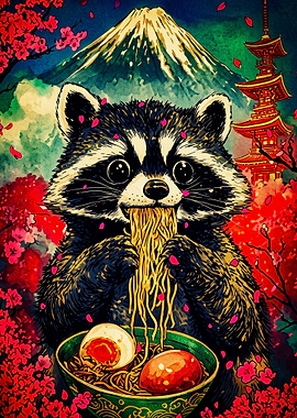 Raccoon Eating Ramen in Japan
