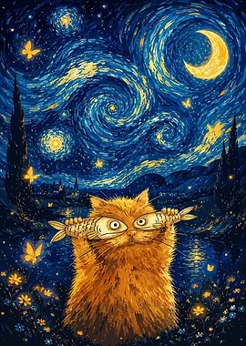 Ginger Cat Holding Fish Starry Night