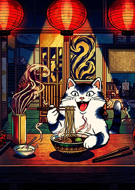 Happy Cat Eating Ramen Illustration