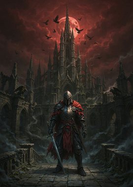 Dark Knight Before Gothic Castle