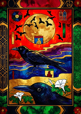 Stained Glass Crow and Moon Art