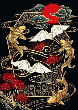 Japanese Koi and Origami Bat Art