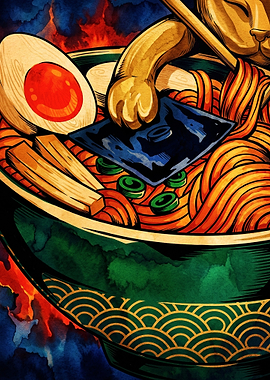 Lucky Cat Eating Spicy Ramen