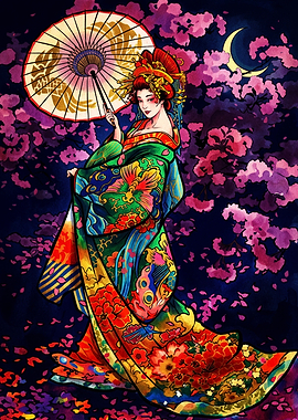 Geisha with Umbrella Under Moonlight