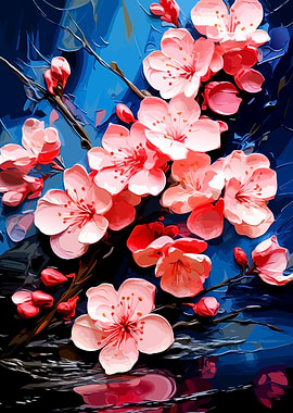 Pink Cherry Blossoms on Blue Background