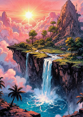 Floating Island Waterfall at Sunset