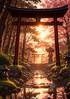 Serene Japanese Torii Gate at Sunset Landscpae